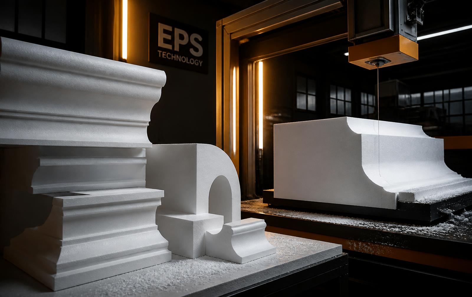 CNC hot-wire machine cutting architectural foam moldings in the Picotte Plastics shop